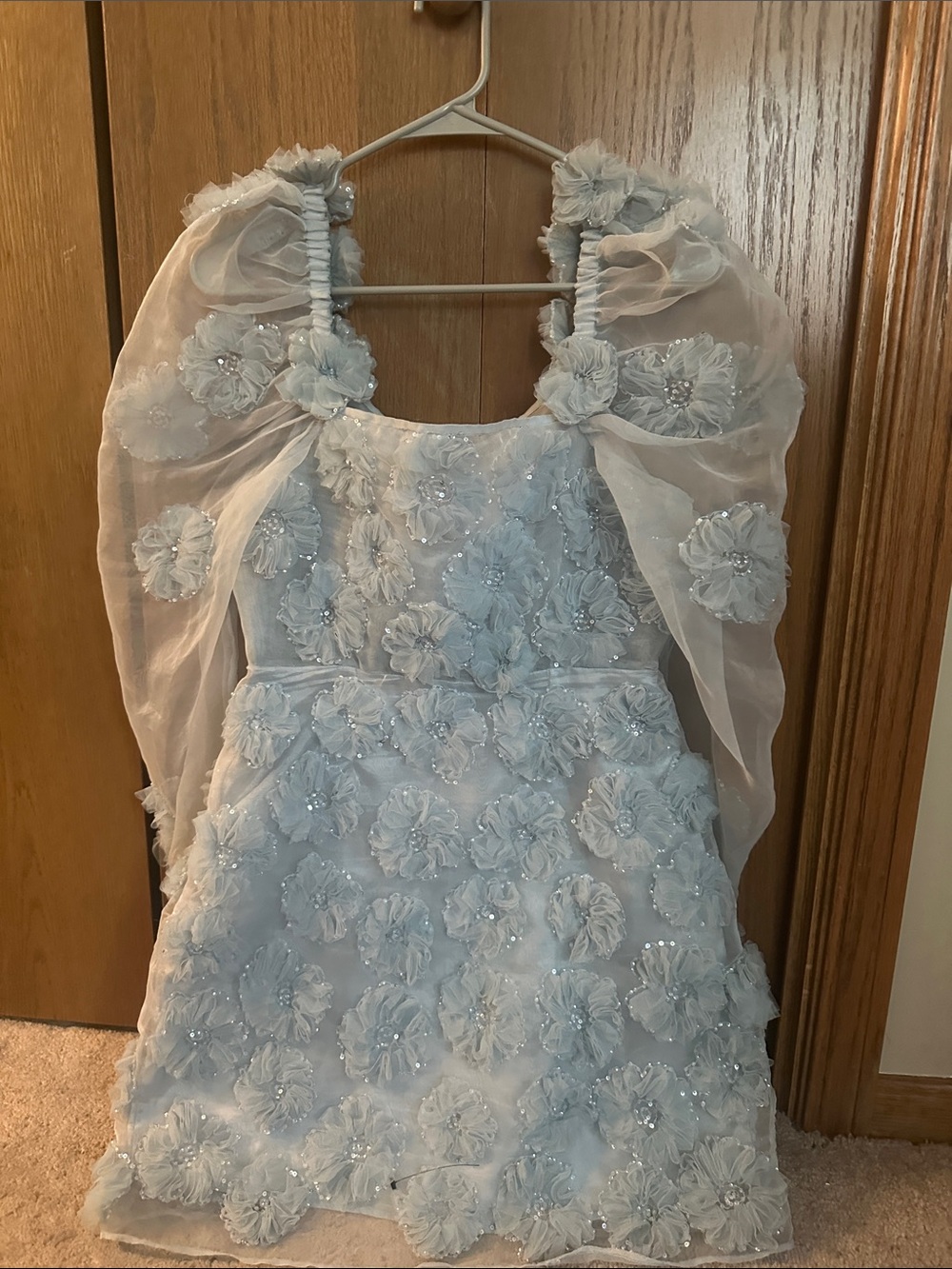 LoveShackFancy Light Blue Floral Appliqué Puff Sleeve Dress